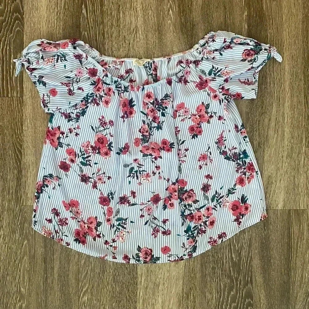 Womens Pink Rose Blue Floral Blouse - L